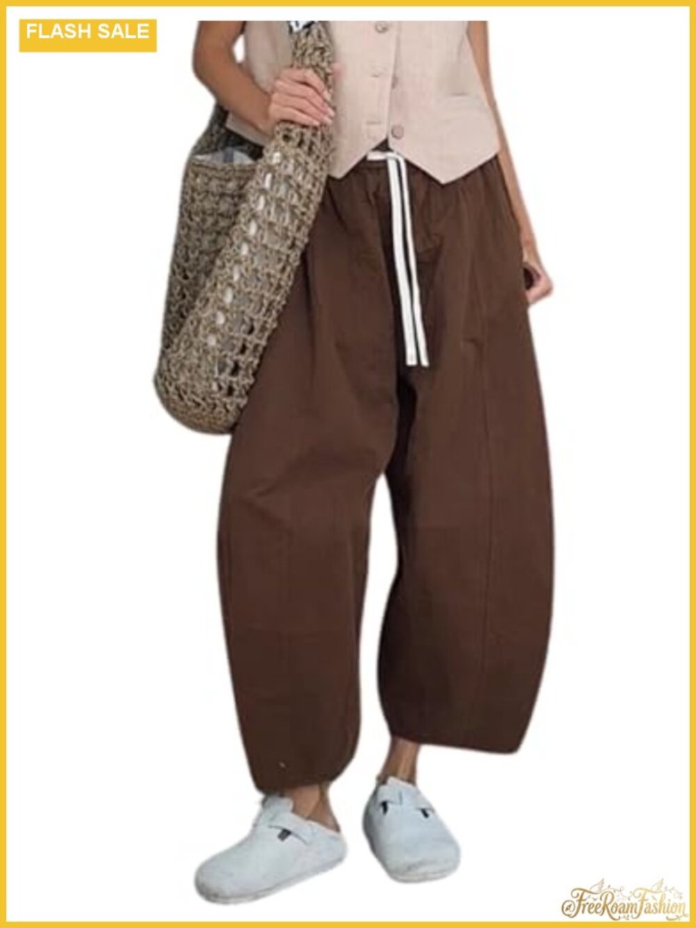 Womens Wide Leg Barrel Pants Drawstring Elastic Waist Cotton Casual